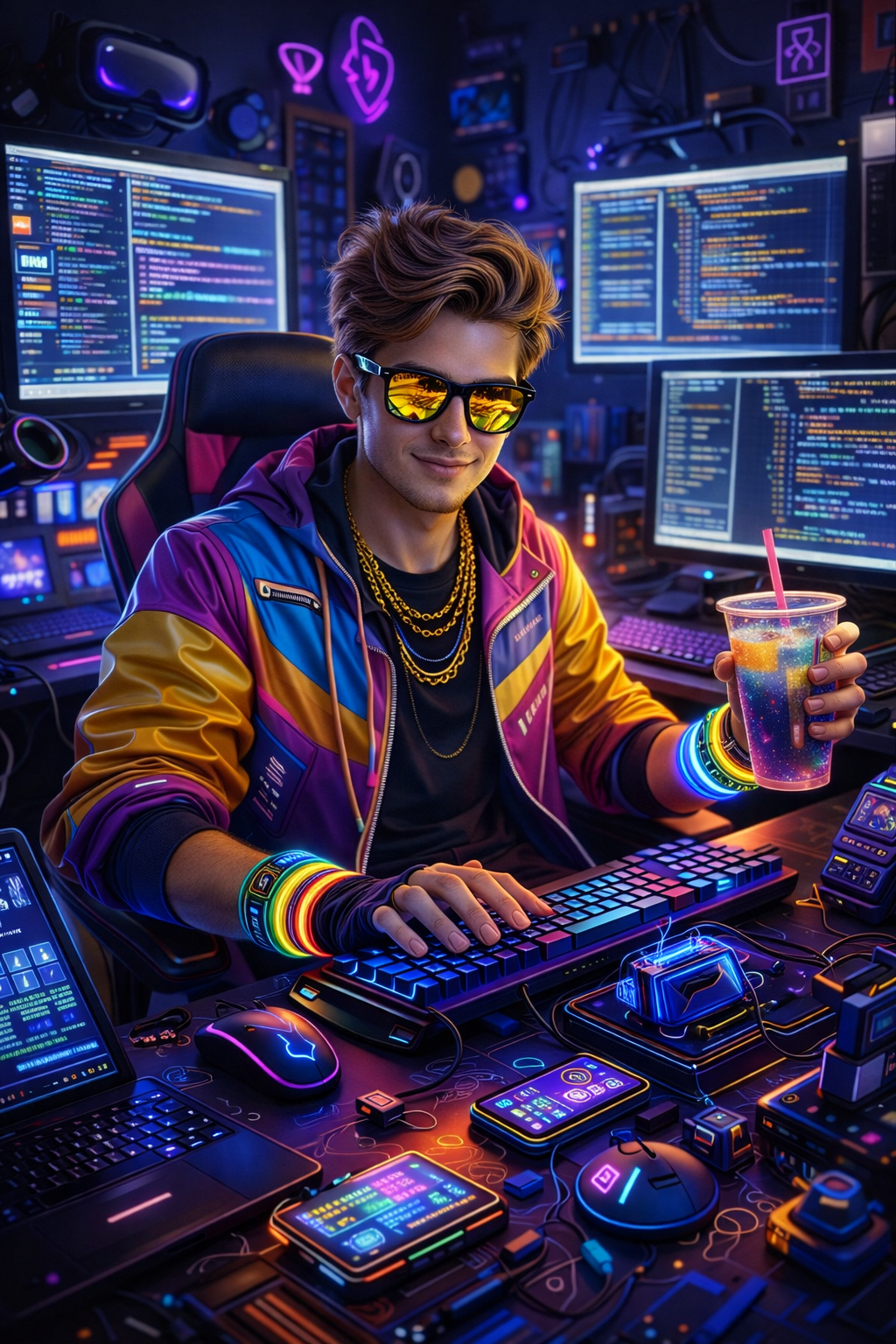 A stylized neon tech workspace with monitors and colorful lighting.